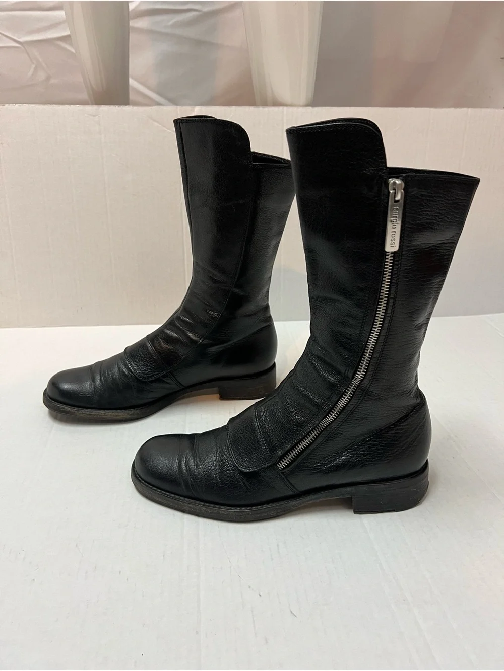 Sergio Rossi Women’s 37.5 (US 7.5) Black Leather Zip Moto Mid Calf Combat Boots - Picture 8 of 12